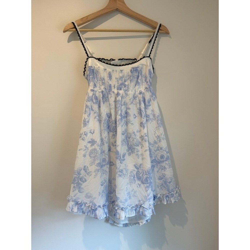 Sky to Moon Babydoll Whimsical Mini Dress, Blue Toile Floral Pattern, S